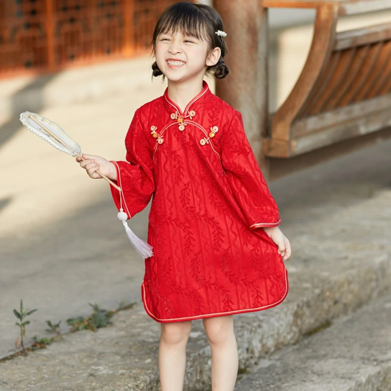 秋季新款女童汉服中国风儿童旗袍红色礼服周岁喜庆小女孩古装童装