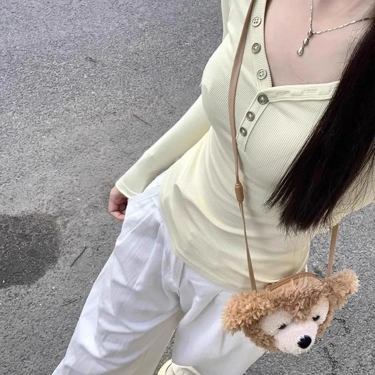 韩系初秋薄款黄色V领长袖t恤辣妹显瘦上