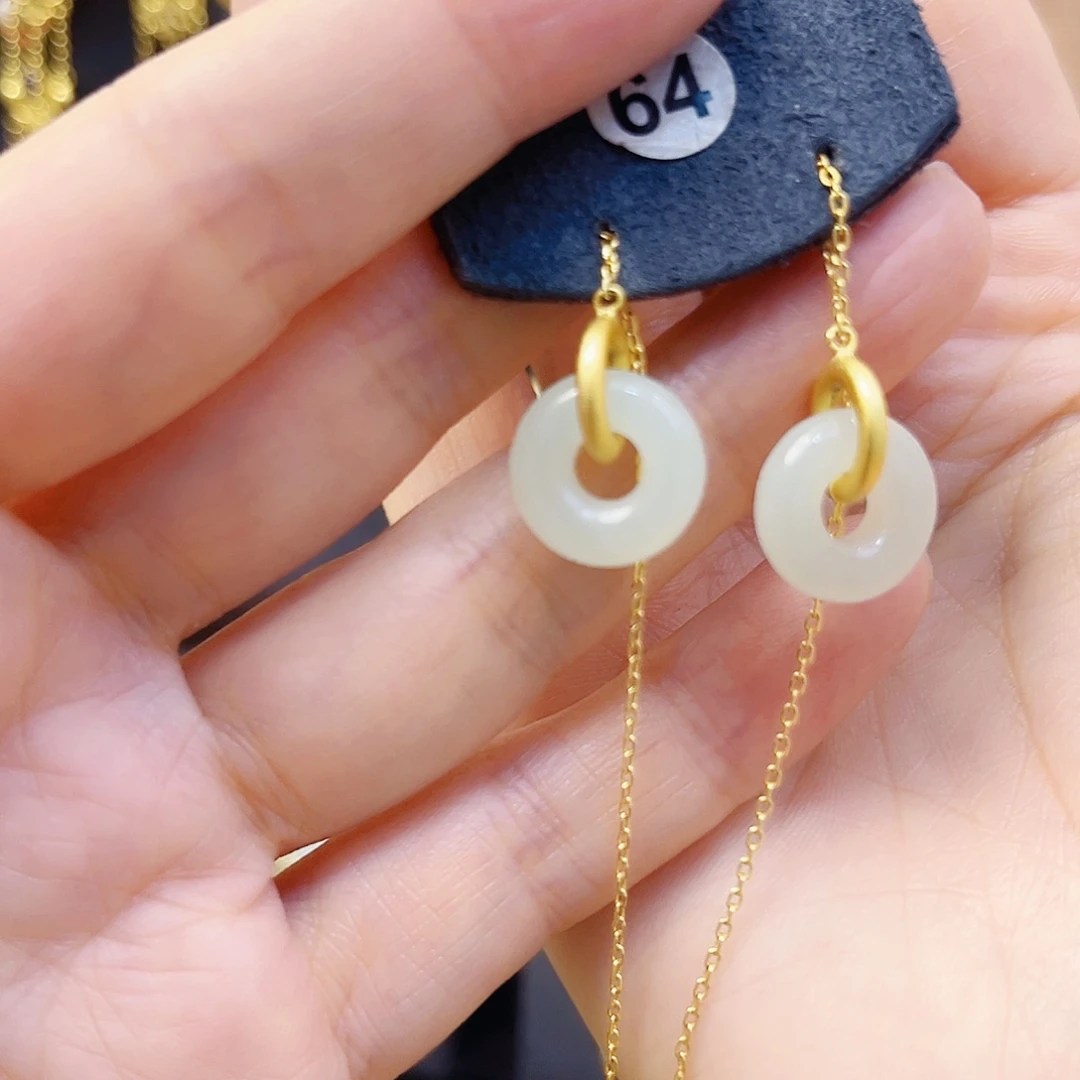 和田玉银S925镀金镶嵌耳饰