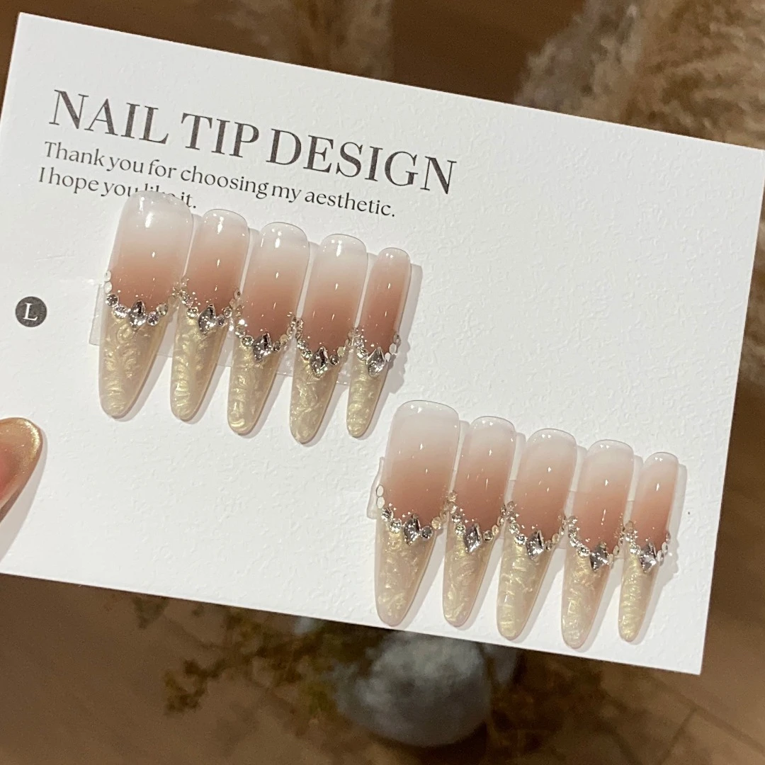 穿戴甲指甲新款渐变碎钻爱丽丝穿戴式纯手工中长款纯欲美甲爆闪