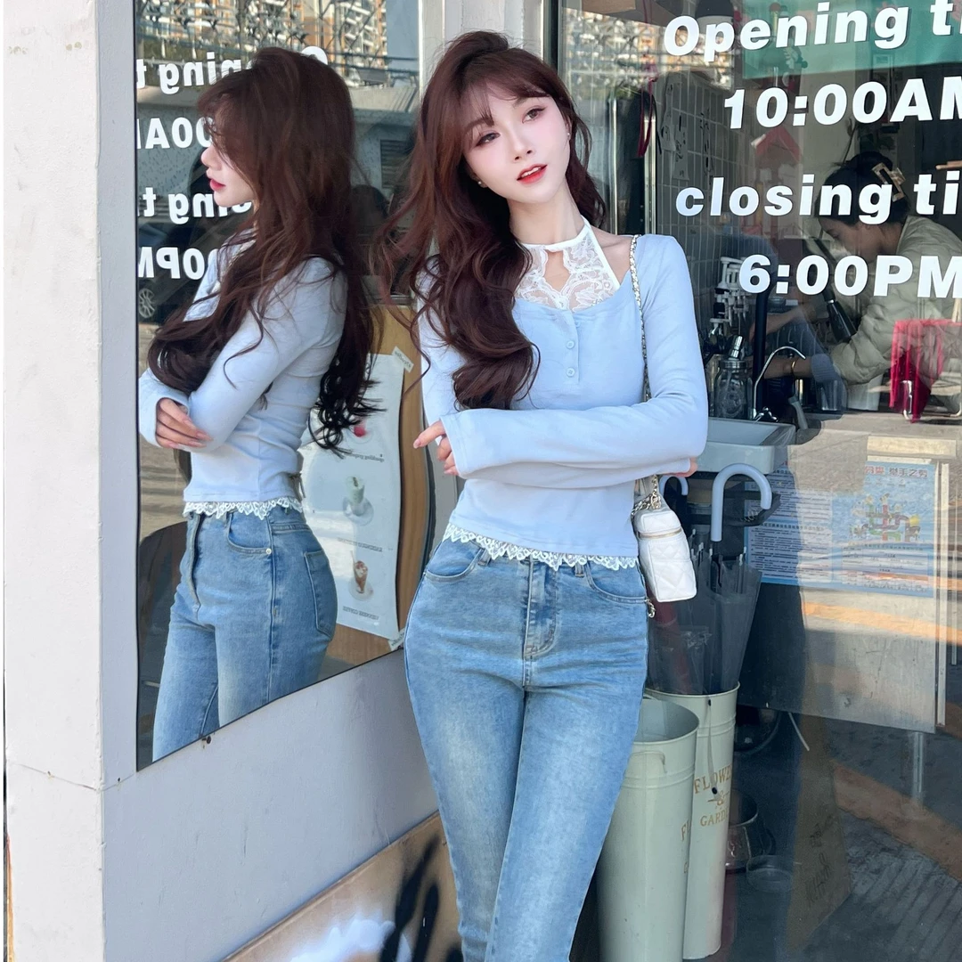 《花期如梦》设计感假两件蕾丝拼接挂脖T恤#8521