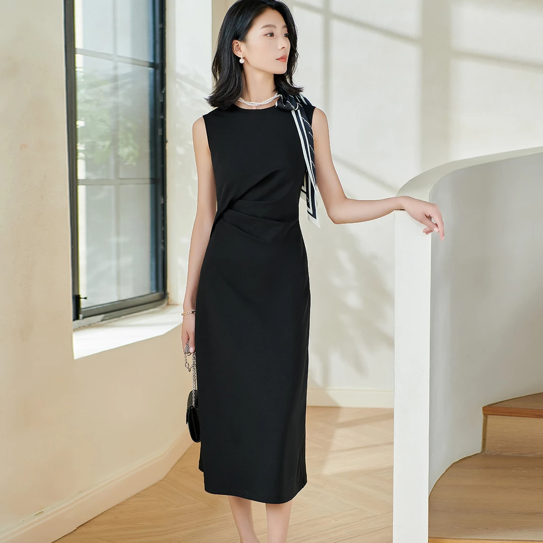 【77专属】气质通勤无袖小黑裙百搭显瘦中长款连衣裙5M24AL0111