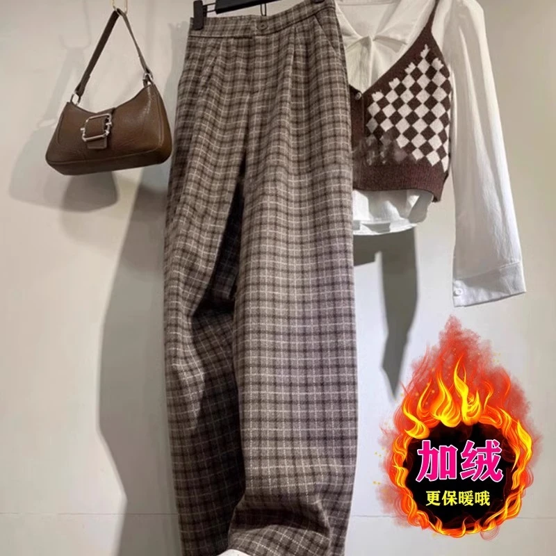 卡其色加绒休闲裤女秋冬新款胖mm大码梨形身材显瘦宽松毛呢阔腿裤