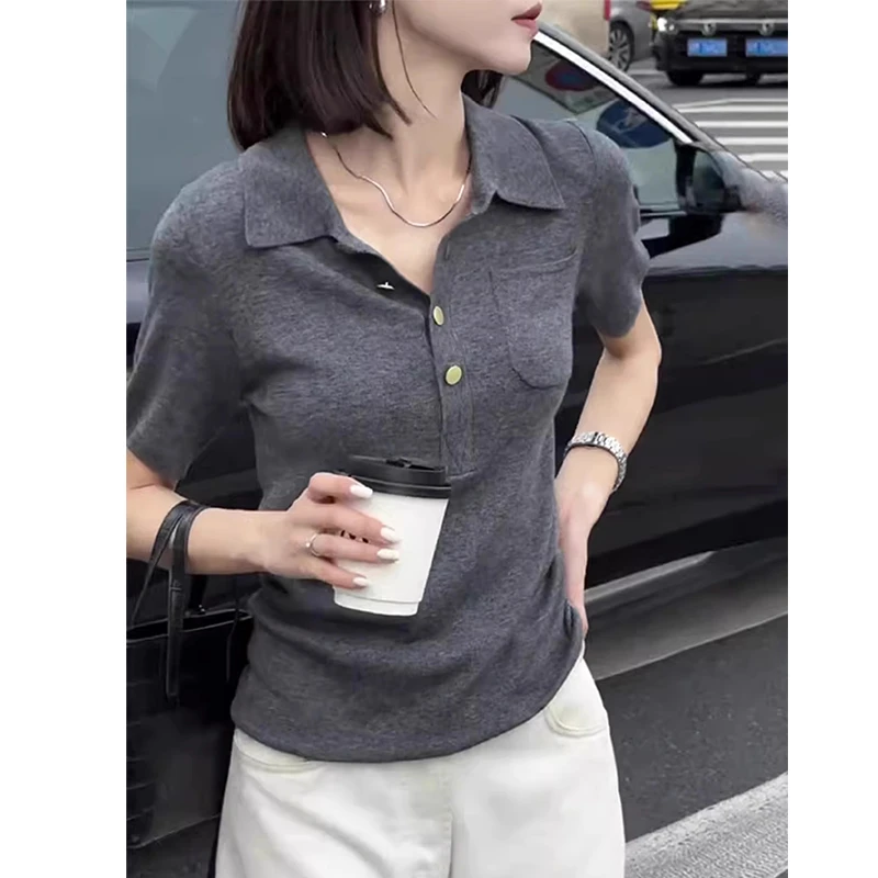 2025夏季新款微胖妹妹polo领冰丝短袖T恤女大码正肩显瘦气质上衣