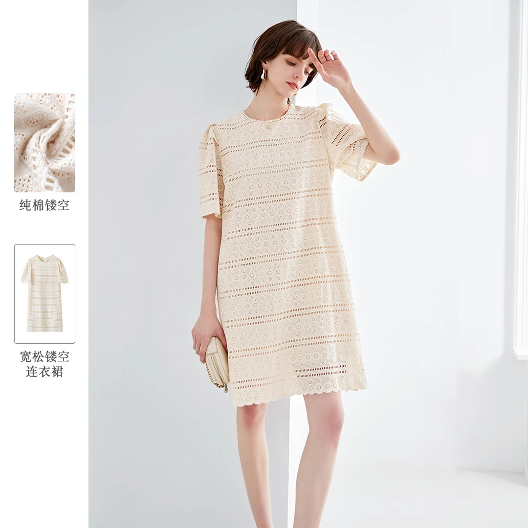 【粉丝专享】中长款纯棉休闲长裙休闲宽松甜美镂空短袖连衣裙女