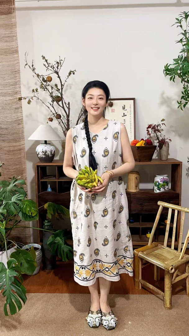 【大梅子推荐】设计款亚麻刺绣背心裙MXA1314