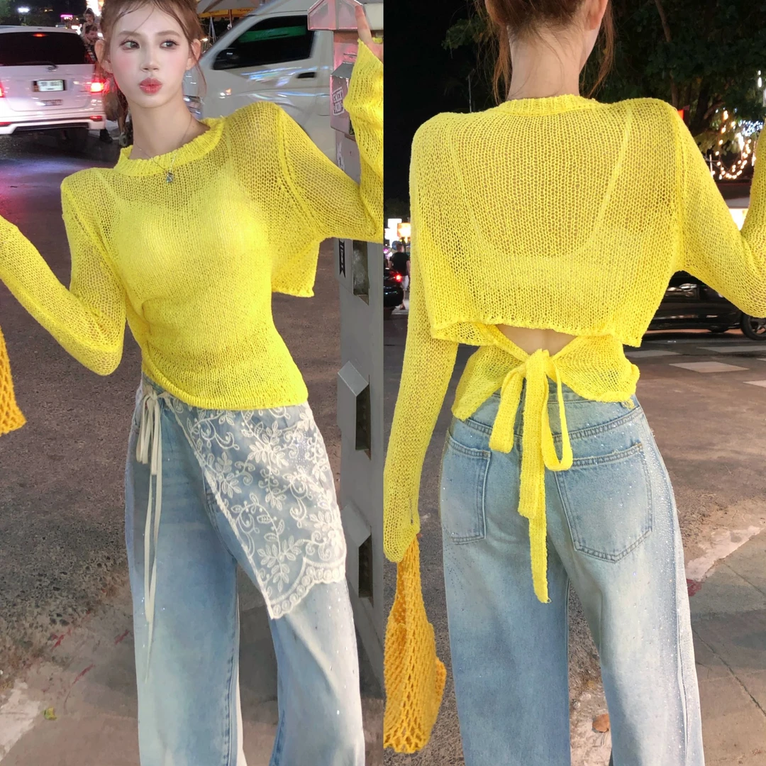 XIAOXIN【黄色小露背】春夏款百搭显瘦长袖T恤上衣LWJ24A1T732