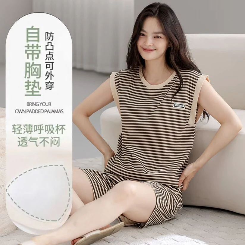 夏季新款自带胸垫女士睡衣背心坎肩短裤大码夏天可外穿家居服套装