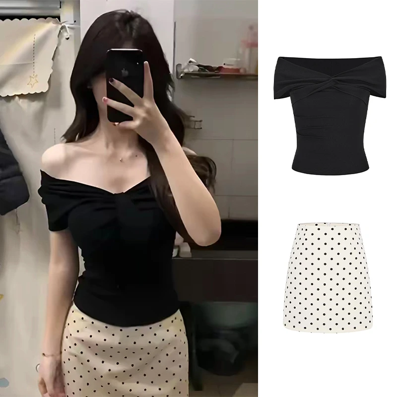 Moses Queen/魔西女王一字领黑色扭结短袖T波点半身裙套装两件套