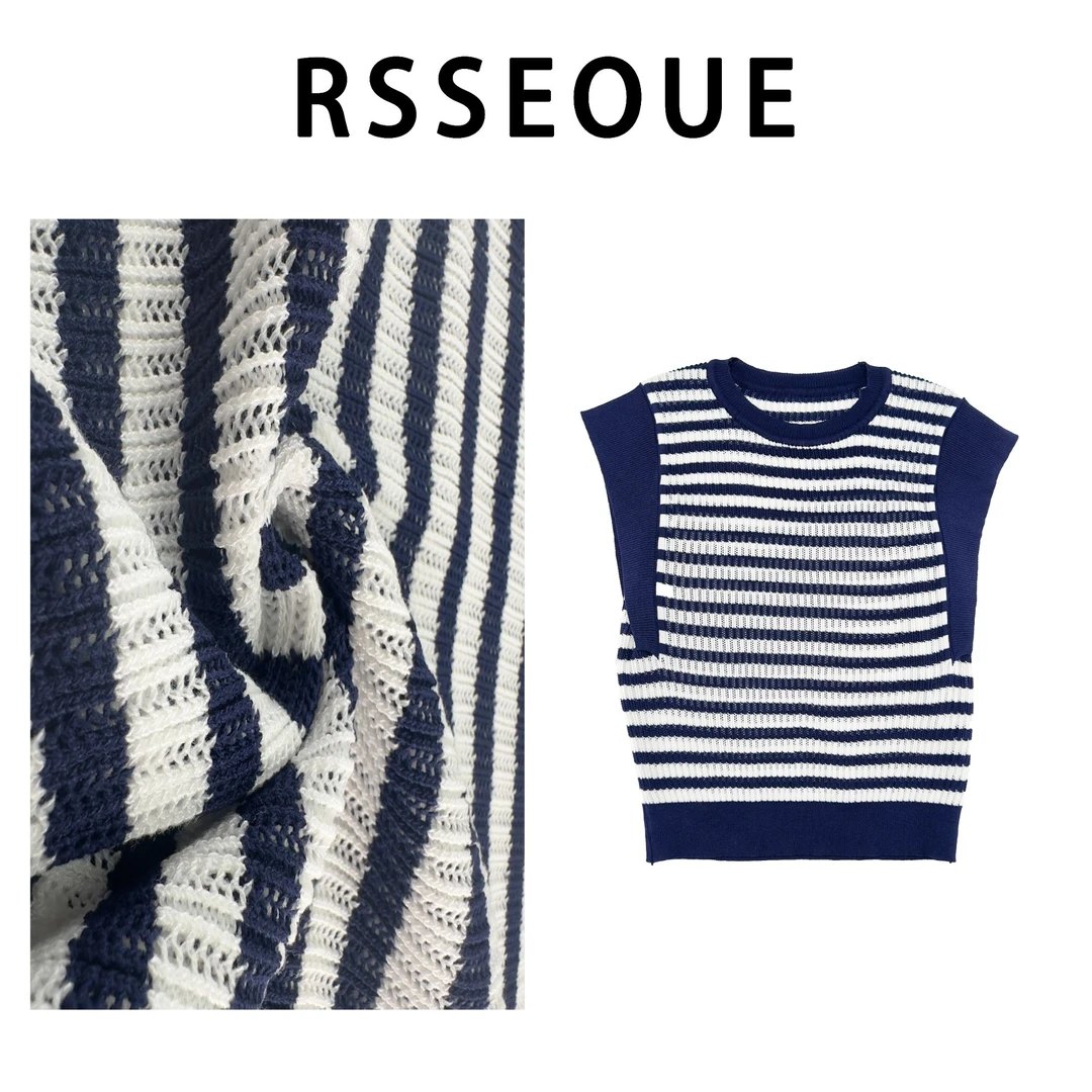 时尚撞色条纹坎肩无袖针织衫女夏季百搭宽松减龄气质镂空小衫上衣