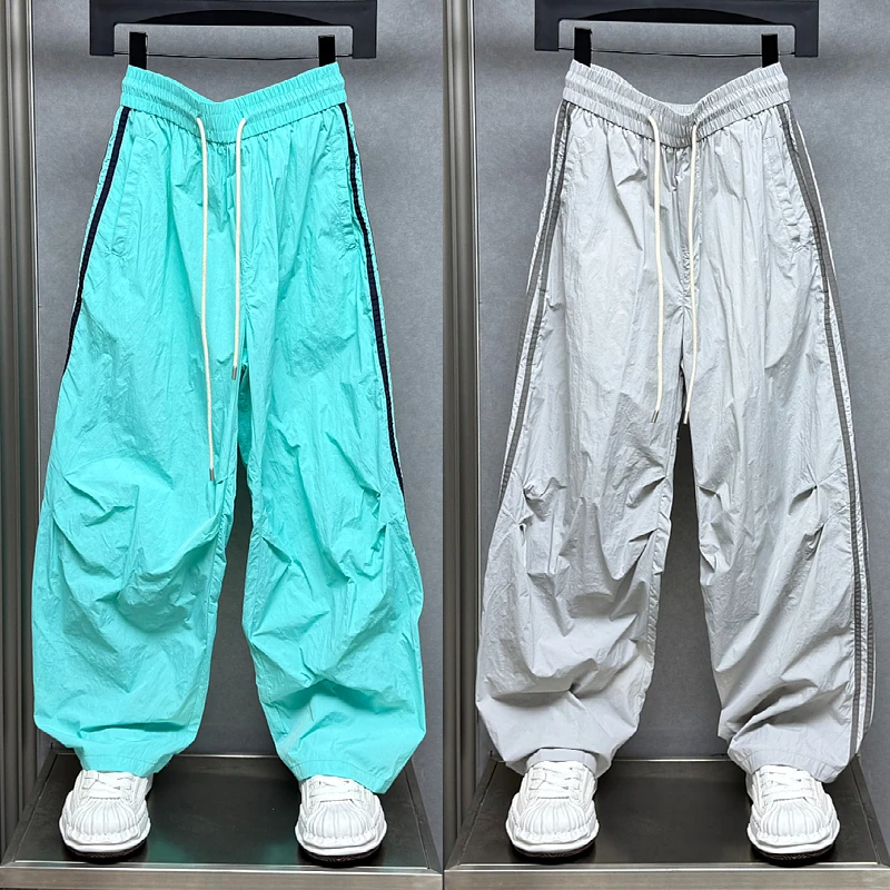 夏季薄款条纹拼接速干休闲裤男女同款宽松美式抽绳直筒潮牌运动裤