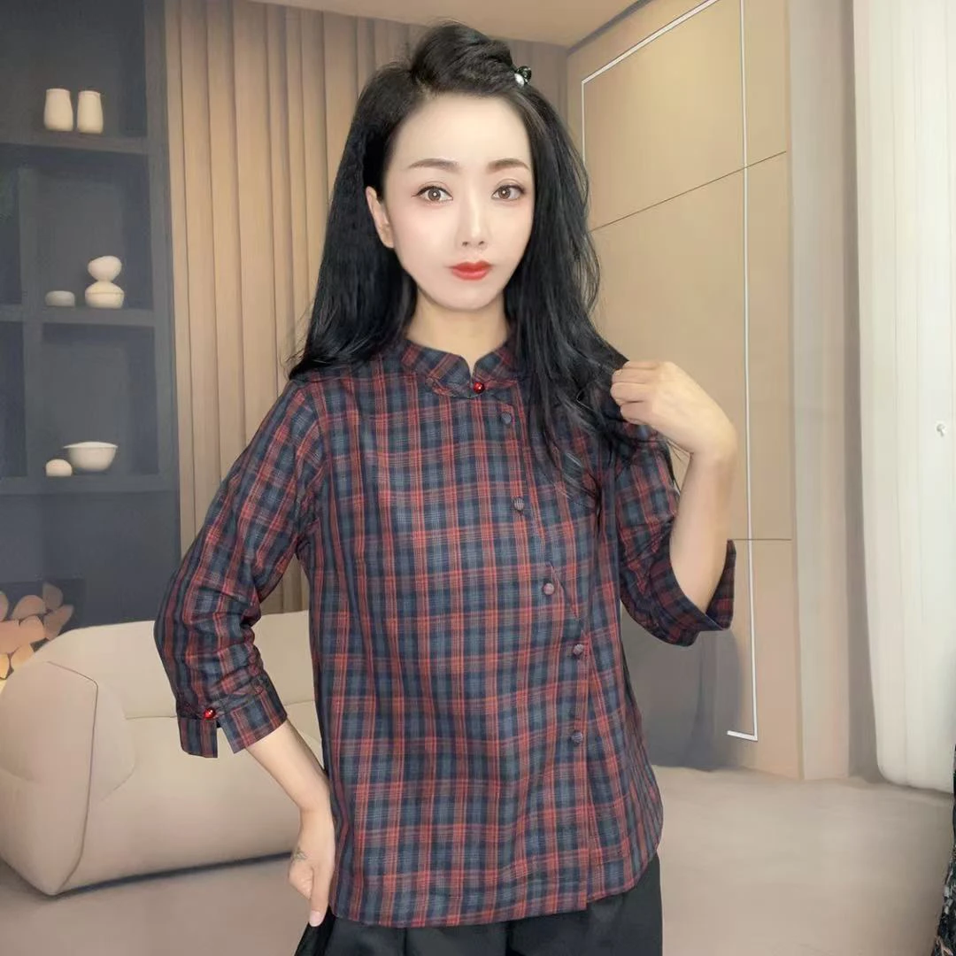 X 新中式国风设计感洋气盘扣七分袖珍珠扣格子减龄斜襟衬衫6007