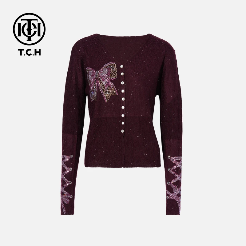 TCH私服烫钻工艺时尚休闲百搭秋款针织开衫女T75C43E5027轻奢tch