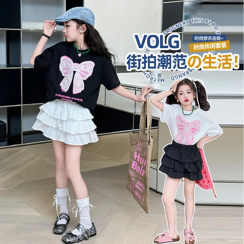 女童夏装短袖T恤2025新款中大童夏款洋气休闲潮酷立体蝴蝶结上衣T