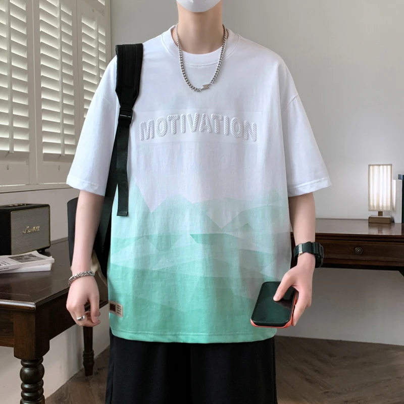 渐变男士短袖T恤2025夏季新款学院风百搭宽松学生休闲半袖上衣服