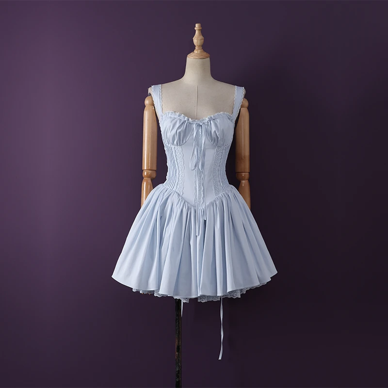 法式复古千金风重工鱼骨吊带连衣裙蕾丝边性感甜美初恋短裙A字裙