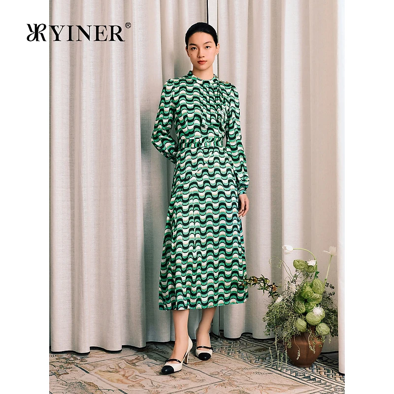 YINER音儿秋季法式小立领薄荷曼波桑蚕丝连衣裙