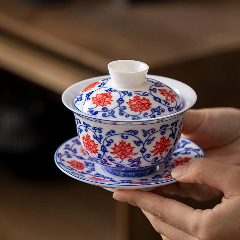 青花釉里红羊脂玉瓷悬停旋转三才盖碗单个高档泡茶碗茶杯功夫茶具