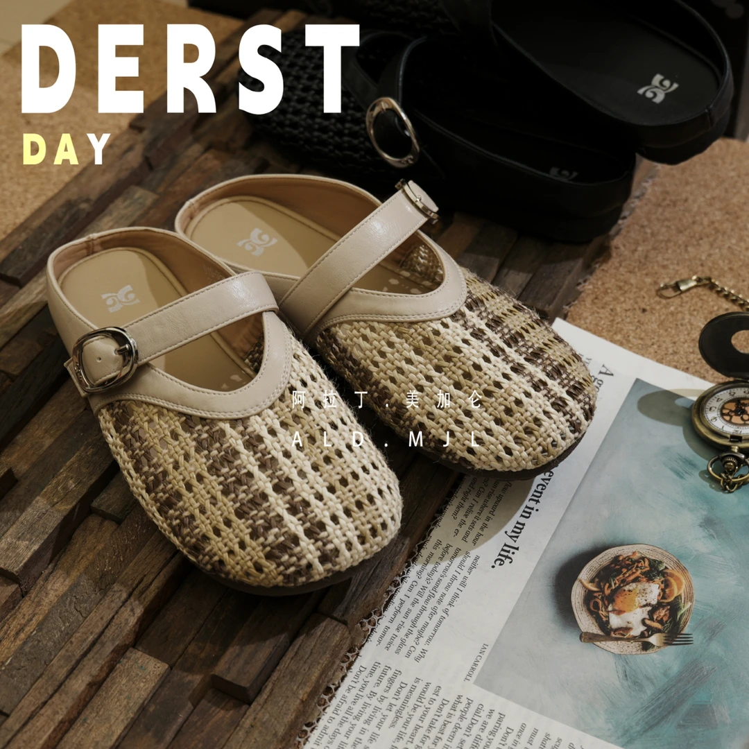 喜物妹复古镂空编织玛丽珍鞋2025夏季新款网面透气一字带平底单鞋