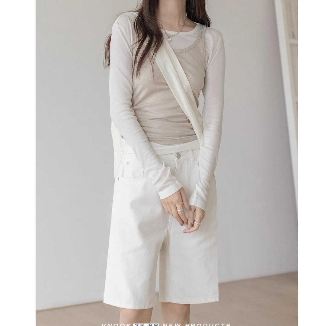 强力推荐！简约休闲高腰四五分中短裤女舒适弹力直筒裤腰带工装裤