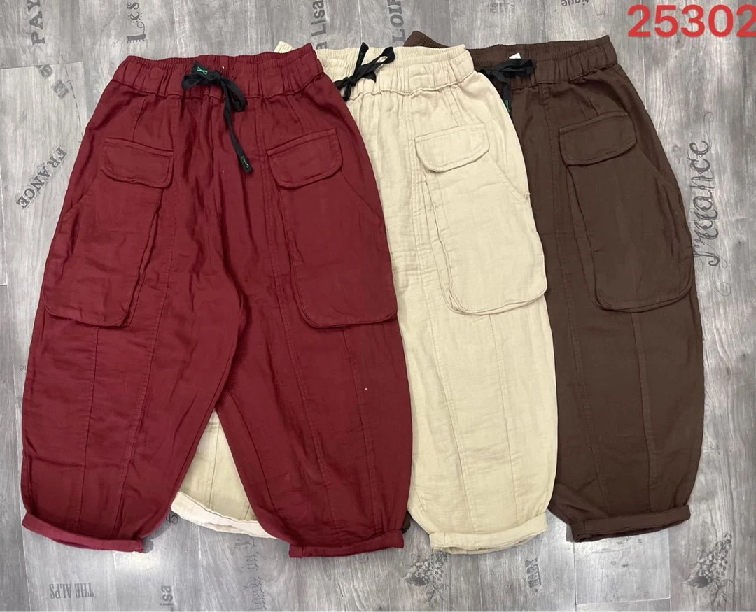 亚麻 12片南瓜裤大口袋休闲裤 25302