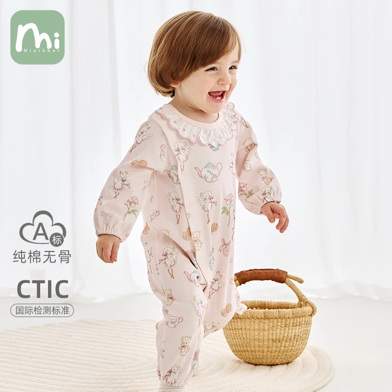 婴儿连体衣春秋款女宝宝衣服纯棉a类公主风外出服粉色哈衣爬爬服