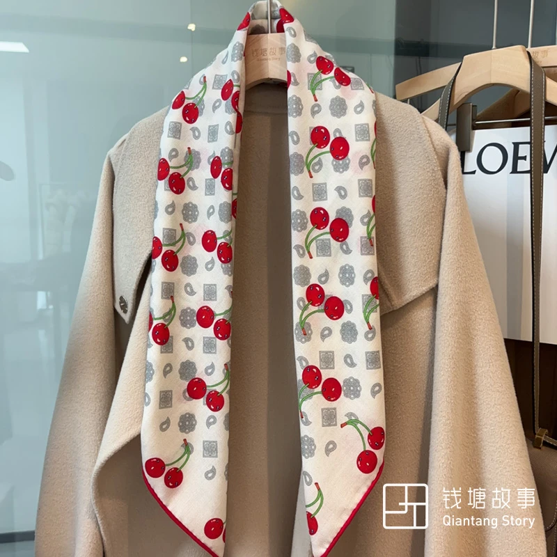 Qiantang Story/钱塘故事90丝毛-樱桃白色真丝羊毛围巾87*87cm