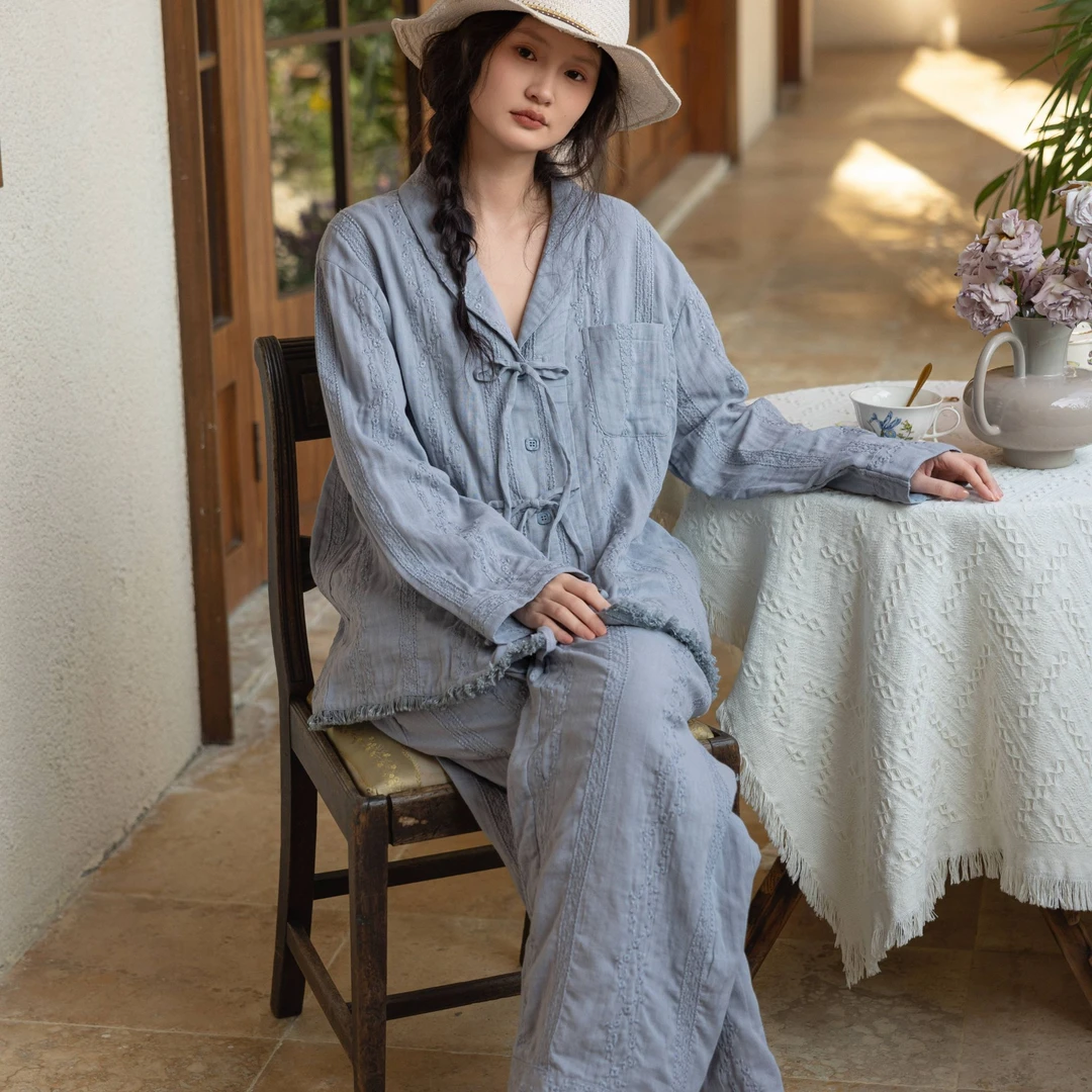 族玛士春秋季睡衣女士纯棉纱布新中式刺绣长袖长裤蓝色套装家居服