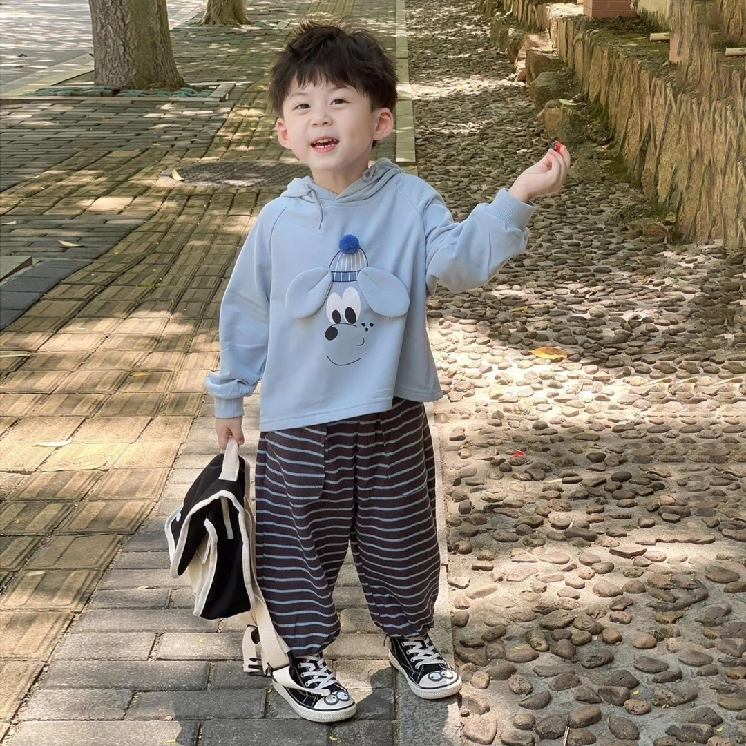 男童春季套装2025新款儿童可爱卡通小狗连帽卫衣条纹休闲裤两件套