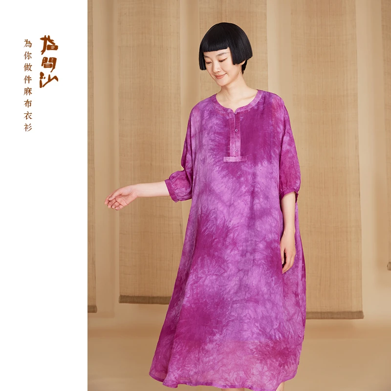 指间沙2525269女装25夏圆立领半襟灯笼袖扎染印花苎麻宽松连衣裙