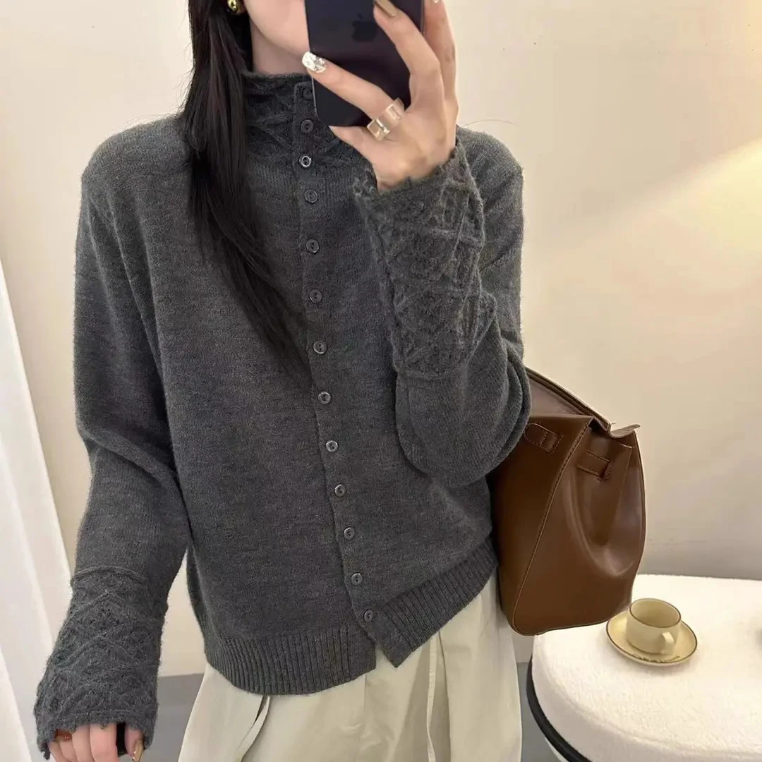 正品撤柜成衣羊毛衫半高领针织镂空上衣秋冬新款时尚长袖开衫毛衣