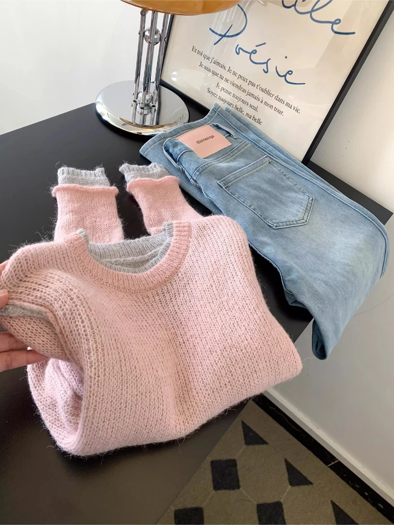 慵懒风圆领假两件拼接撞色针织衫女秋季新款宽松时尚简约内搭上衣