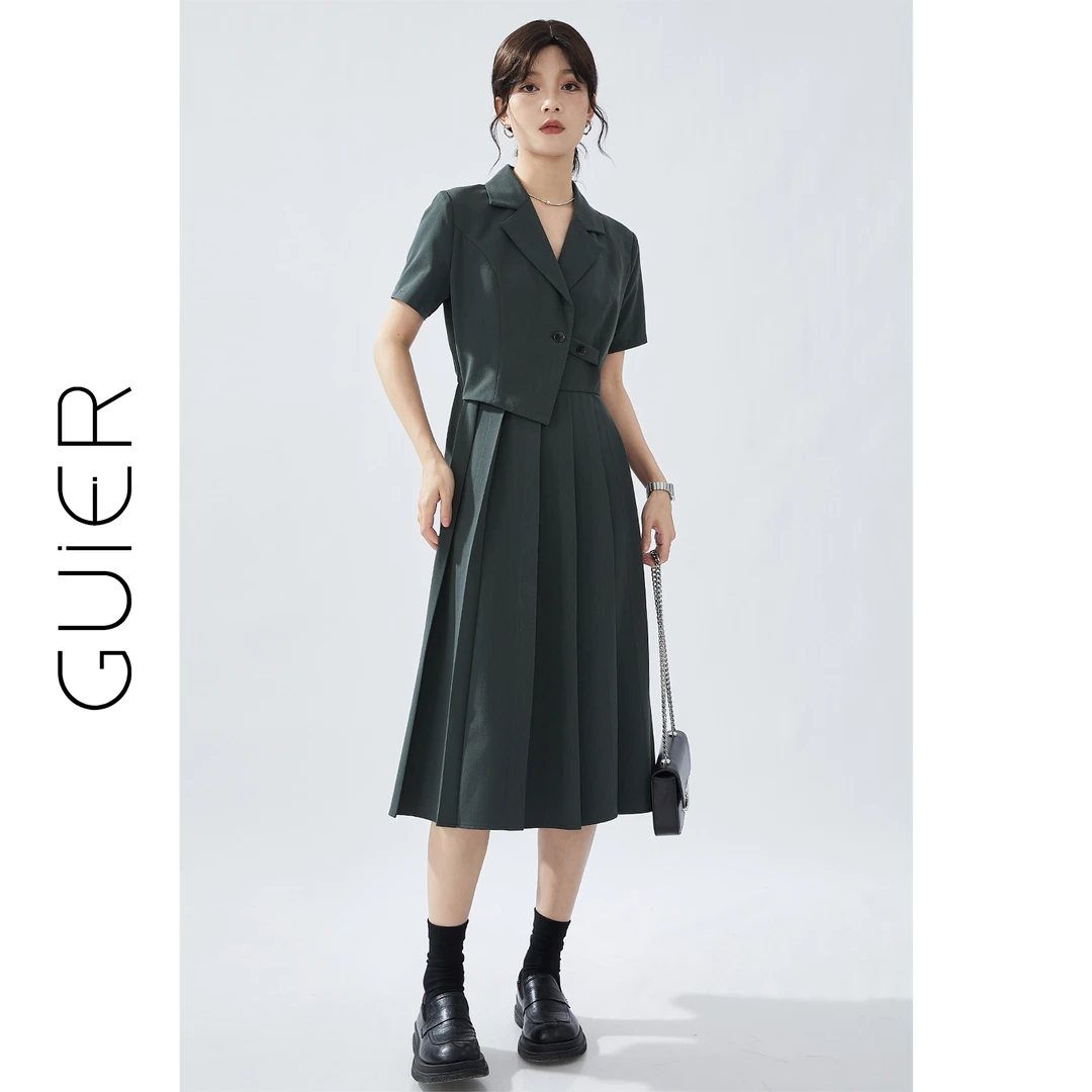 GUIER/桂儿「都市丽人」灰色西装连衣裙女不规则收腰气质裙子LJ0112