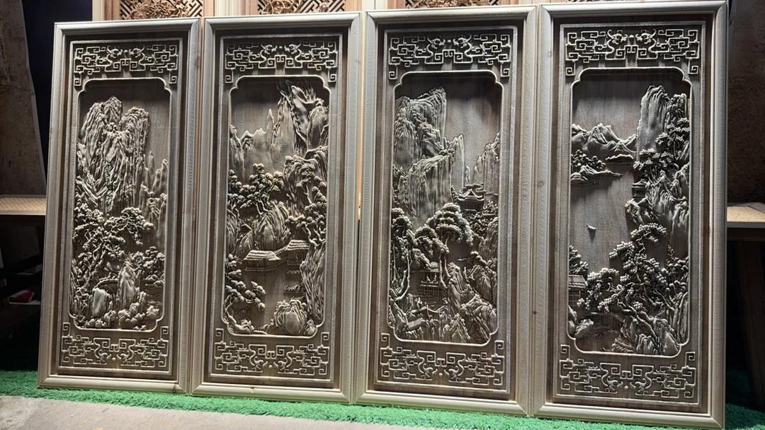 东阳木雕山水木雕香樟木挂屏木雕挂件客厅香樟木挂画四条屏100_45