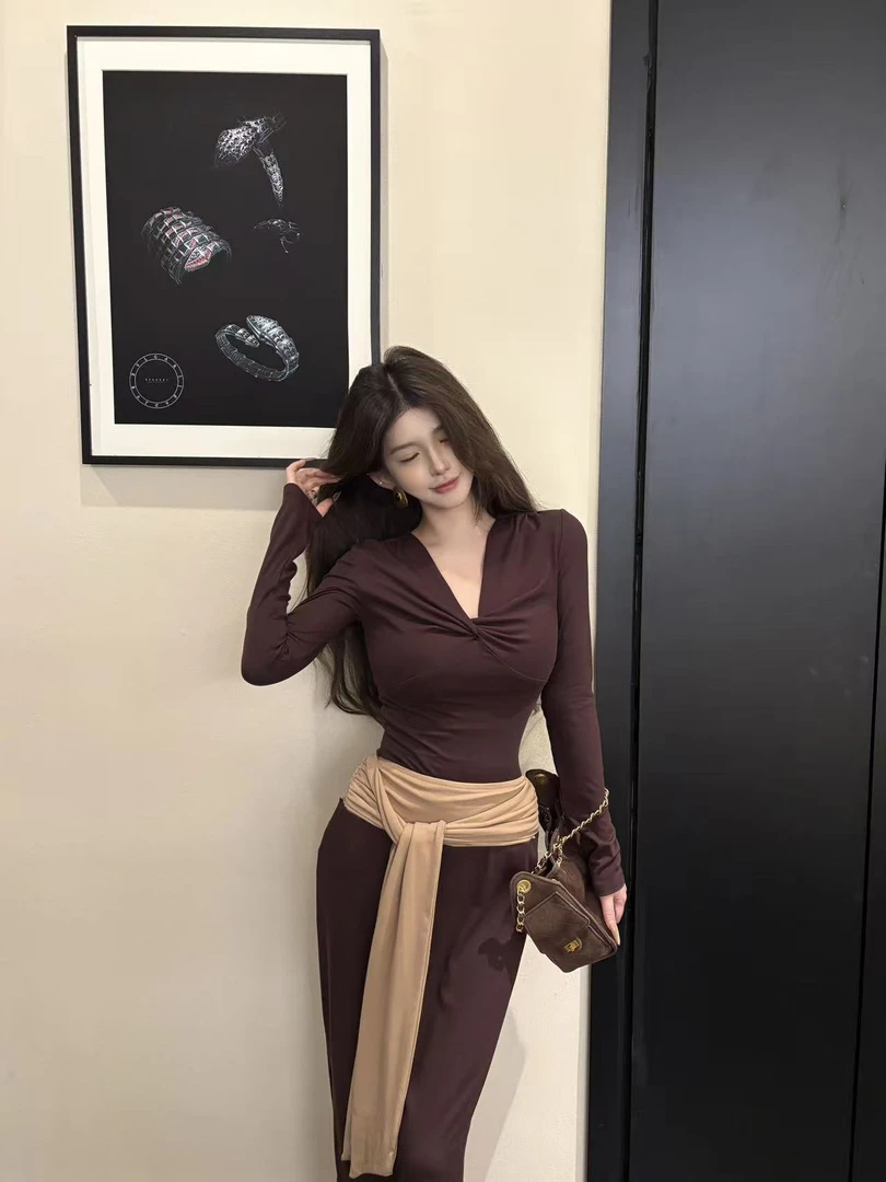 GUIDI GUDI【咖星球】休闲修身长袖半裙套装/黄加蓝