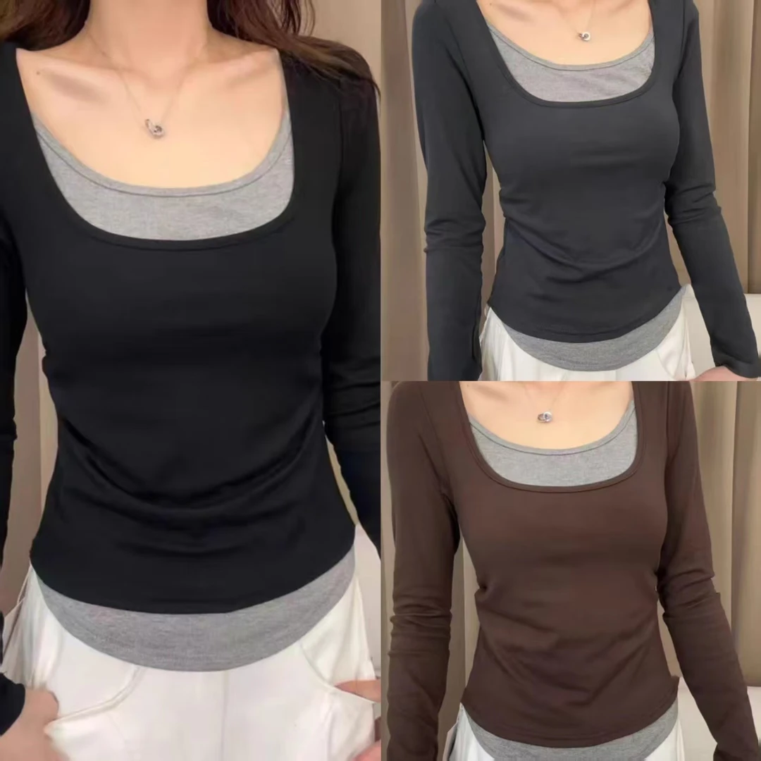 胖MM假两件长袖上衣秋季新款大码显瘦收腰撞色时尚韩系百搭打底衫