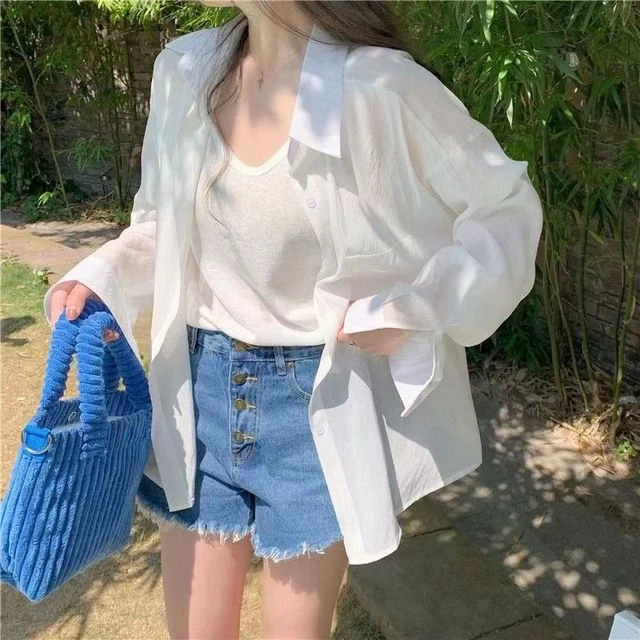 纯色透肉防晒衬衫女夏季薄款开衫设计感小众垂感罩衫衬衣外套上衣