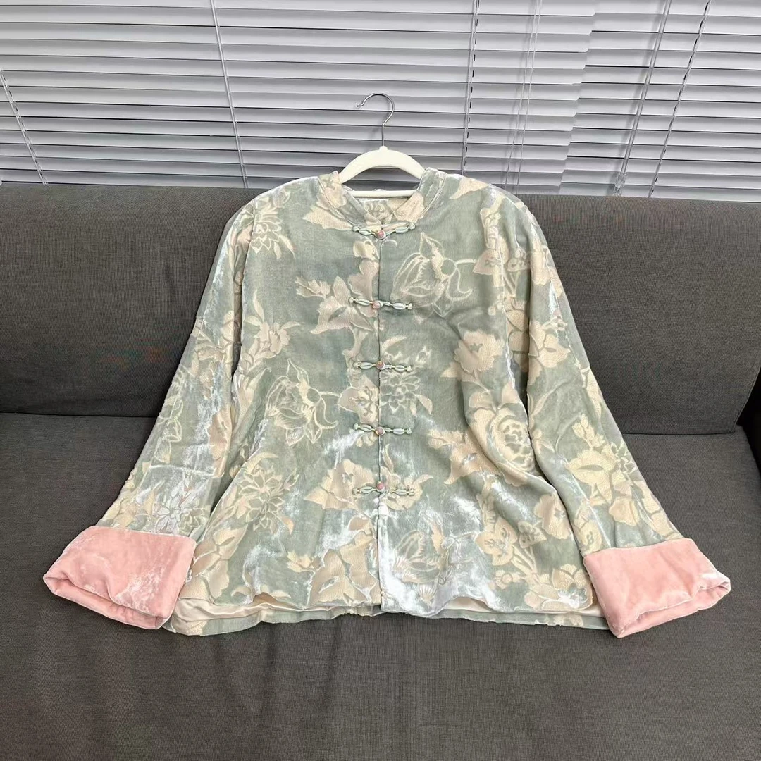 牡丹花开富贵丝绒植绒外套新中式国风春秋薄款气质女士上衣WT0006