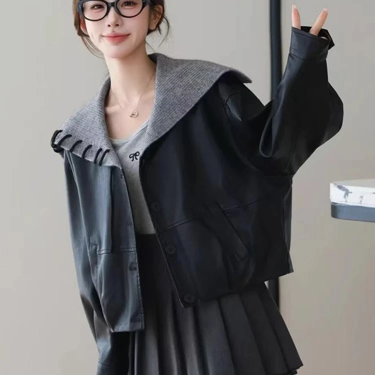 2025早秋新款宽松显瘦百搭小个子韩系设计感海军领PU皮衣外套女