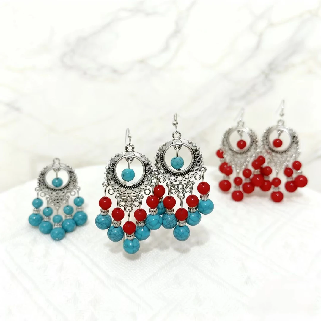 合金耳饰 红色拼色民族风女耳环配饰耳钩气质耳饰饰品苗族古风