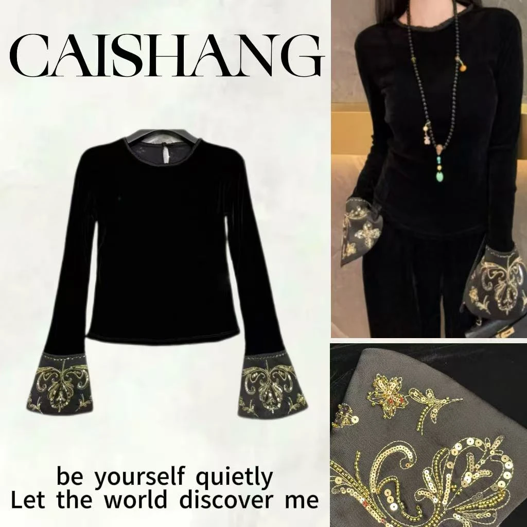 【彩裳专属】251082新中式国风女装气质轻奢高级感黑色丝绒衬衫上衣