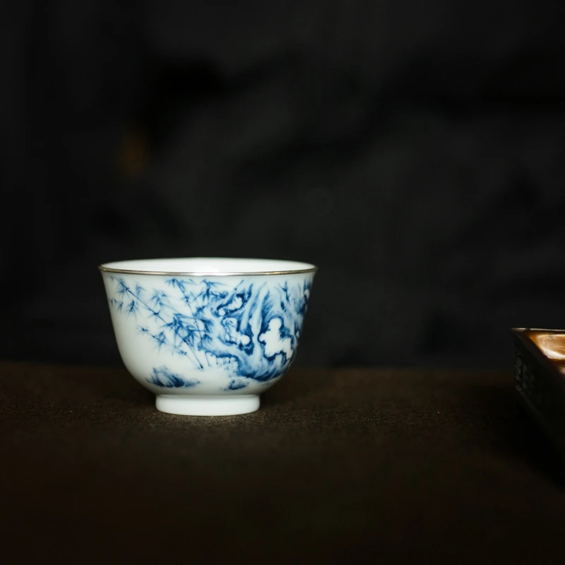 弥云斋陶瓷主人杯 手绘青花竹石包银口茶杯 景德镇复古茶具