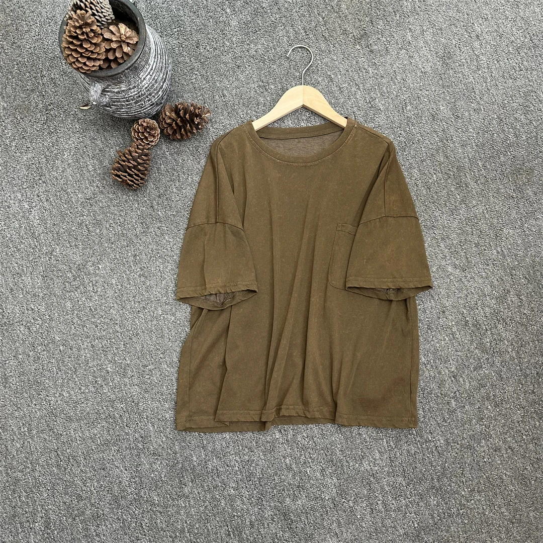 复古做旧炒色砂洗全棉小口袋纯色套头T恤夏季新款简约百搭上衣女