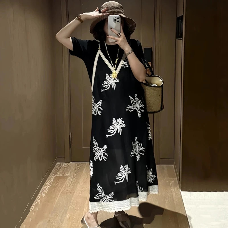 【花影叠】法式轻奢时尚高端复古吊带连衣裙子T恤上衣