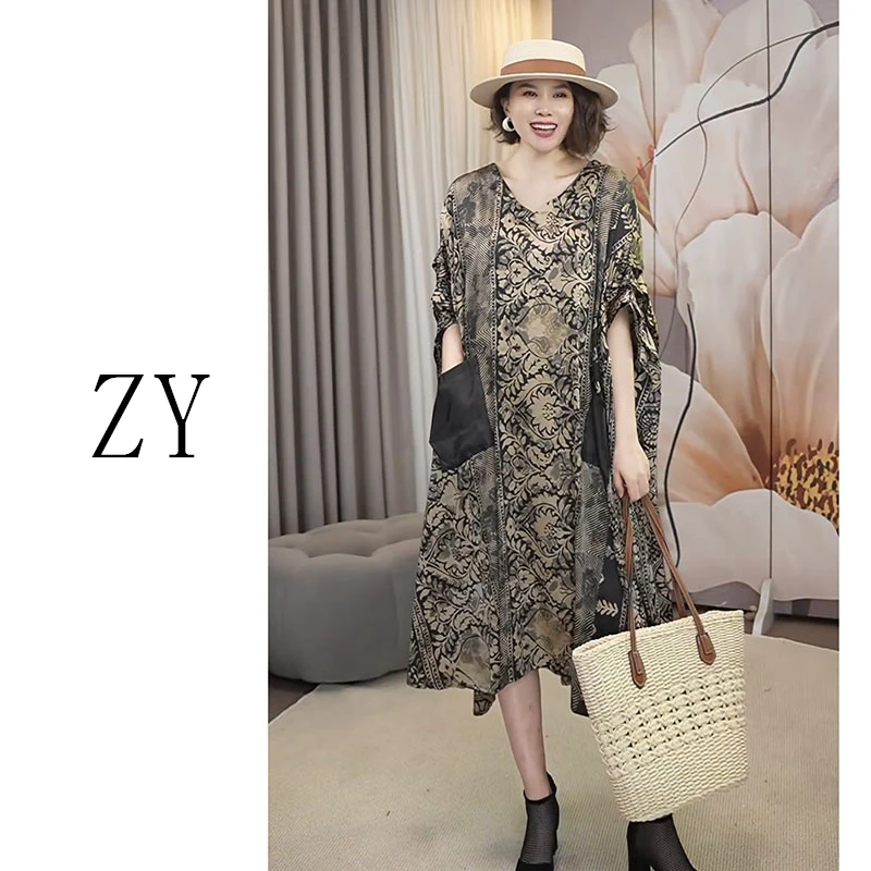 通勤风套头H型裙夏季V领韩版复古沙丘废土风时尚宽松大码连衣裙