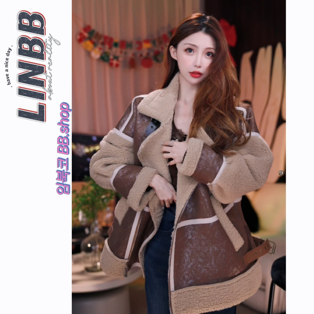 林北鼻-【玛莎女】韩代暗纹工艺奶蛋白皮毛一体厚外套大衣