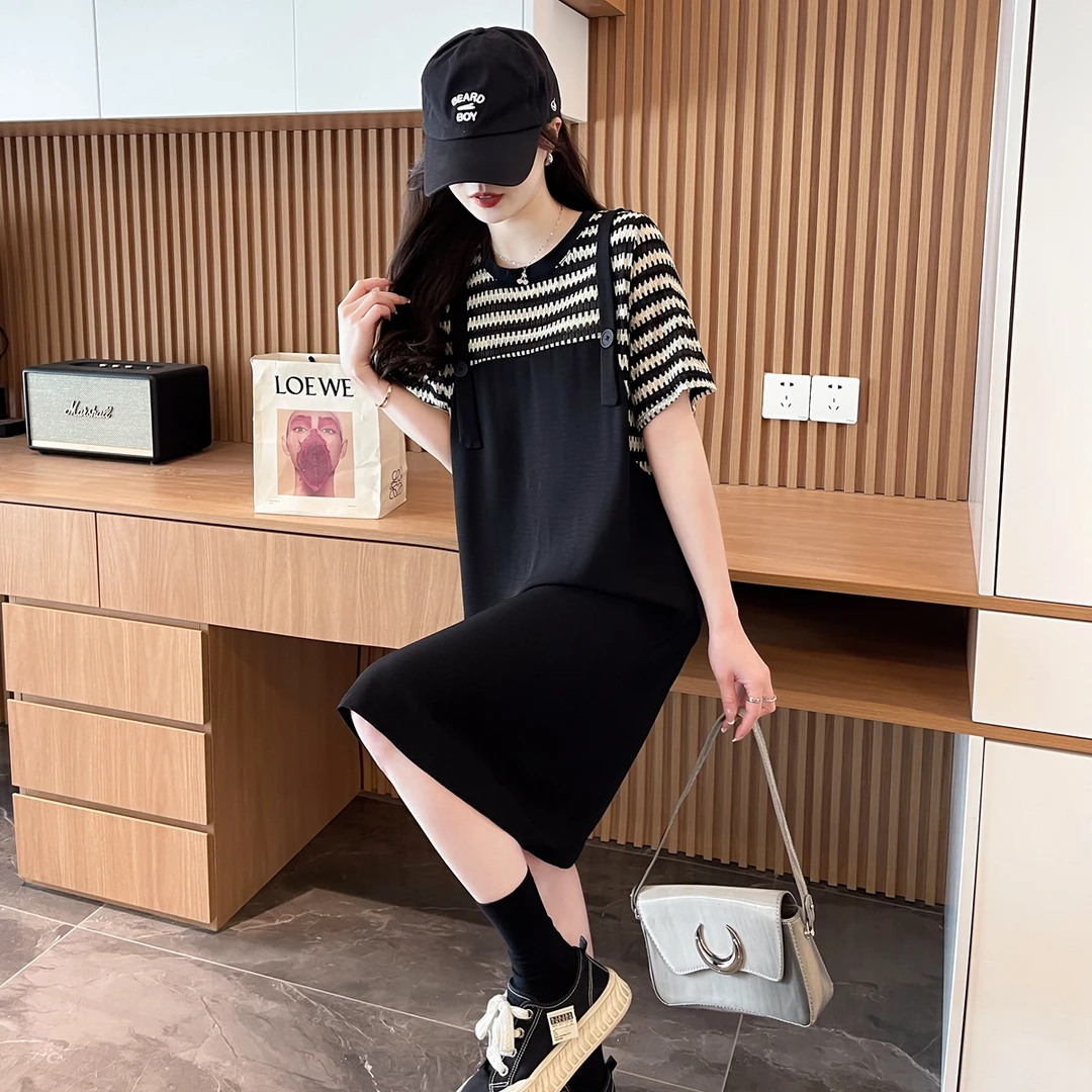 假两件拼接背带连衣裙女夏季韩版宽松时尚百搭显瘦长款过膝T恤裙