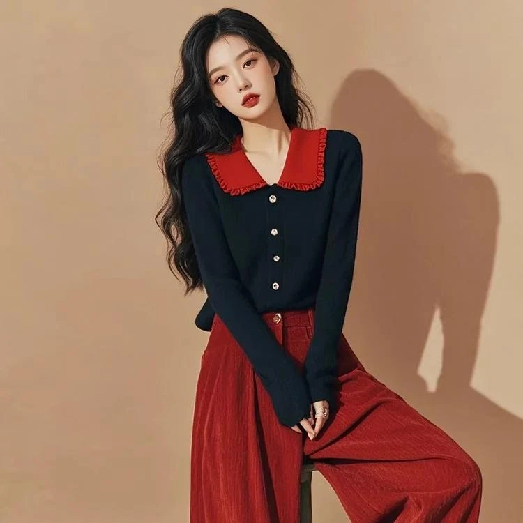 2025春季新款女装新年战袍穿搭高级感红色阔腿裤针织开衫毛衣套装