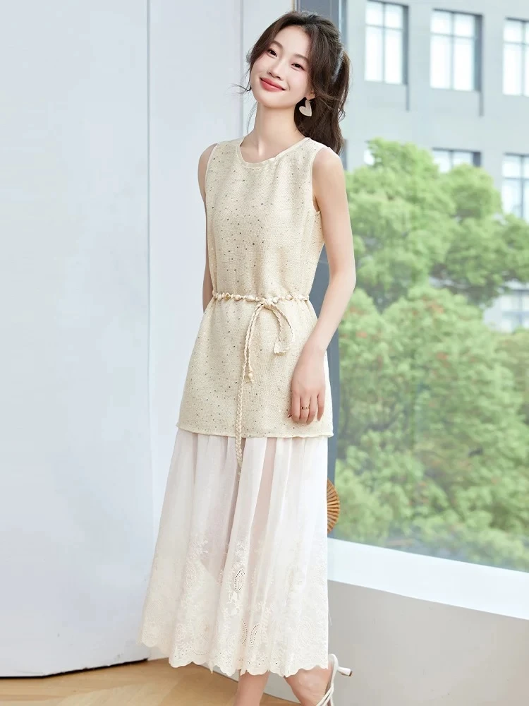 女装甜美度假风无袖连衣裙气质亮片蕾丝拼接收腰假两件裙 5153 K