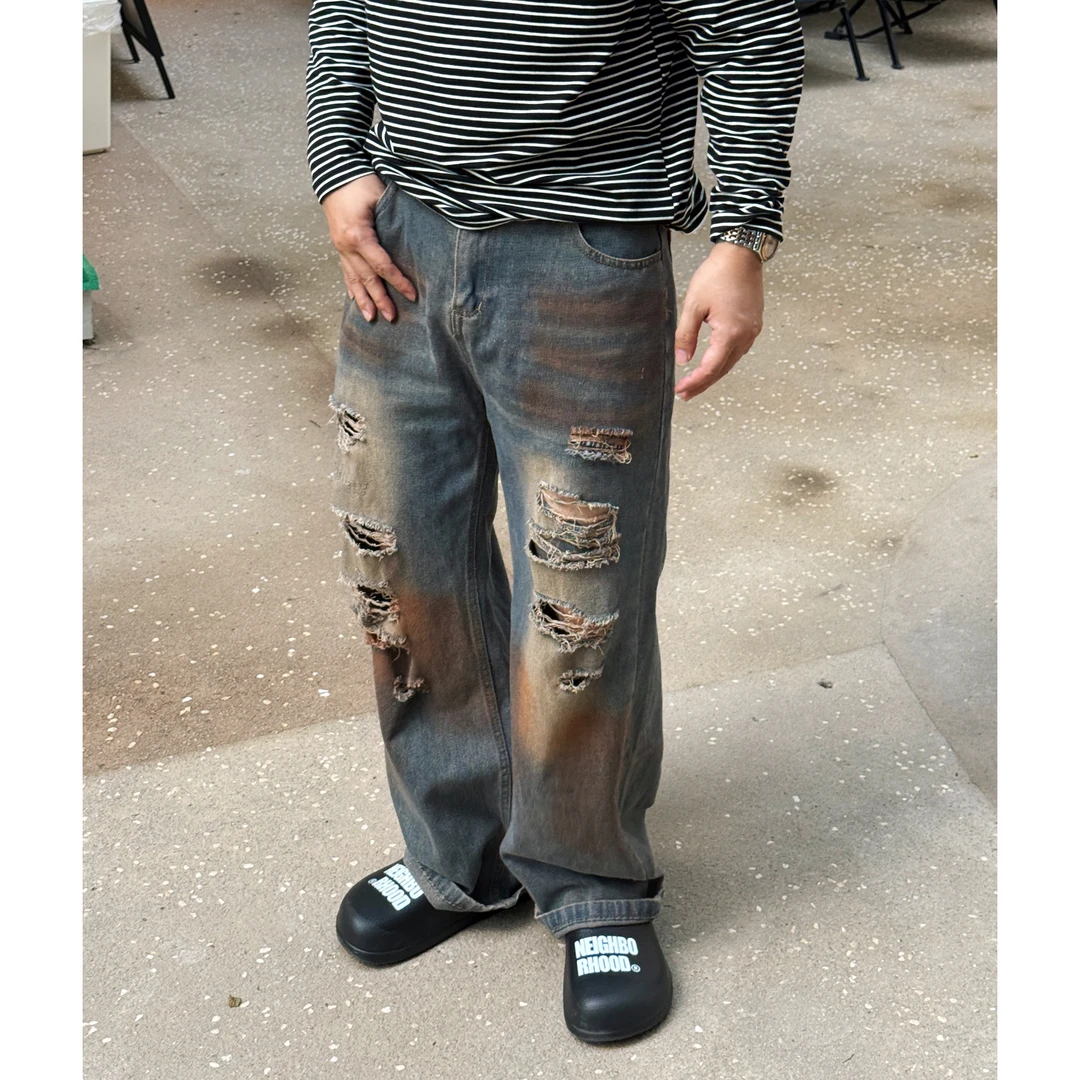 美式高街复古水洗做旧破洞牛仔裤男春夏季直筒宽松阔腿休闲长裤子